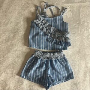 Bonnie Jean Blue and White Striped Ruffle Smocked Short Set Girls Sz 6X